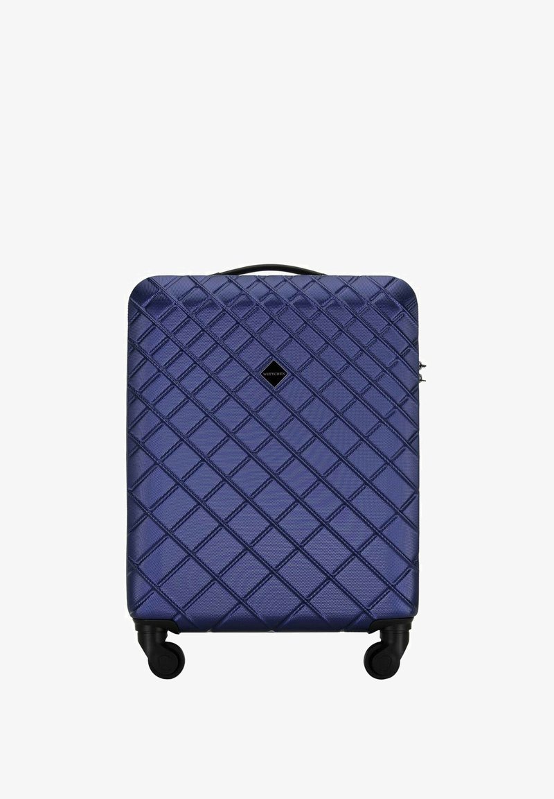 Hard-shell koffer in diepblauw met een diamantpatroon op het oppervlak, rubberen wielen en een handvat aan de bovenkant voor gemakkelijke transport.