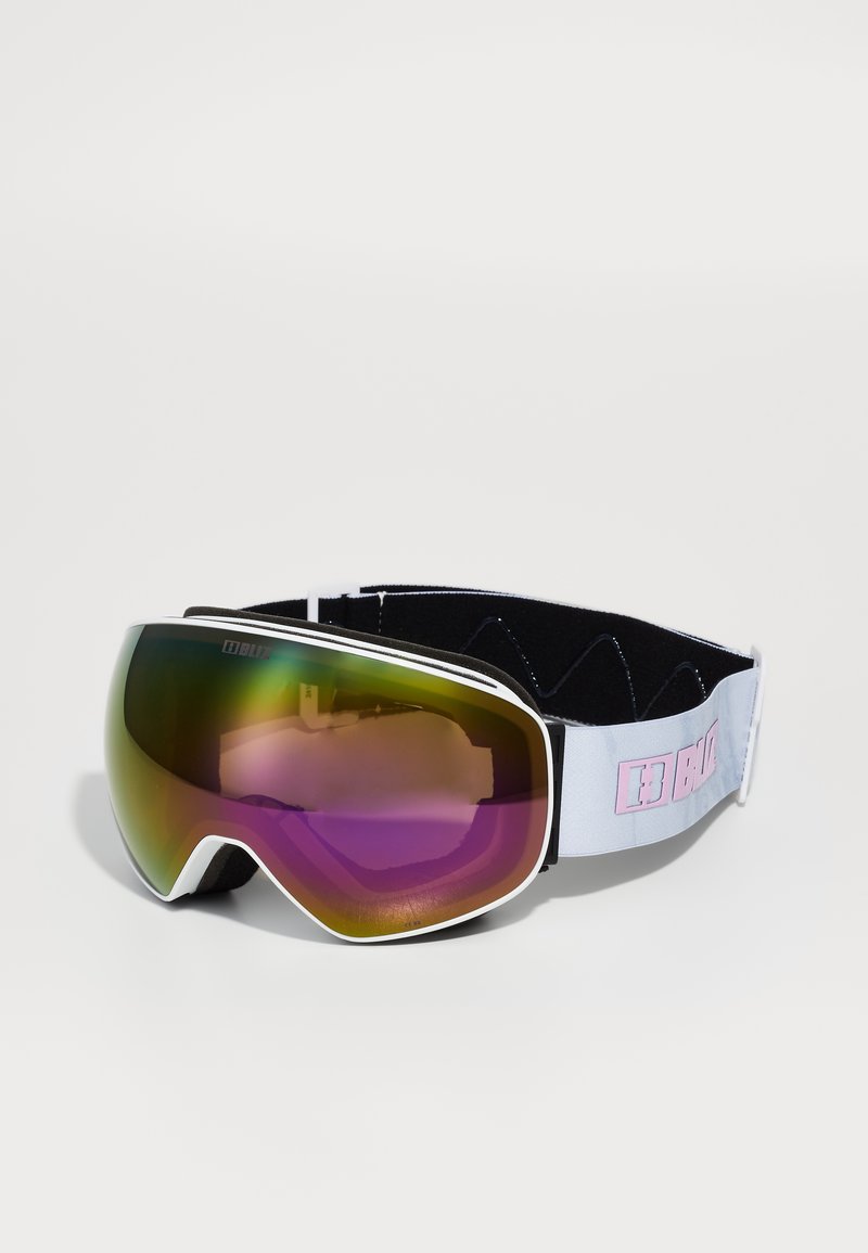 Ski goggles with a curved, wide lens featuring a gradient from green to purple. White frame with black strap, accented by a pink logo.
