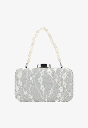 Kleine silberne Clutch mit weißem floralen Spitzenüberzug und Perlenhenkel, rechteckig mit abgerundeten Kanten und metallischem Verschluss.