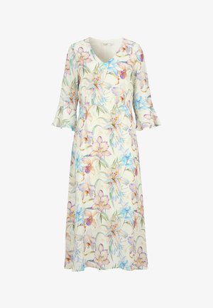 Long floral dress with pastel-colored lilies, three-quarter flared sleeves, and a V-neck on a cream background.