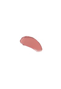 Matte flüssiger Lippenstift Swatch in einer sanften, staubigen Rosafarbe, mit einer glatten Textur und einem leichten Schimmer, in einer gebogenen Form aufgetragen.