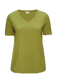 Olijfgroene T-shirt met korte mouwen en V-hals, gemaakt van een zachte katoenmix, met een relaxte pasvorm en een gladde textuur.