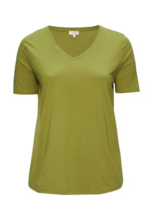 Olive green short-sleeve v-neck T-shirt made of soft cotton blend fabric, featuring a relaxed fit and smooth texture.