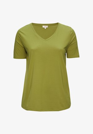 Olijfgroene T-shirt met korte mouwen en V-hals, gemaakt van een zachte katoenmix, met een relaxte pasvorm en een gladde textuur.