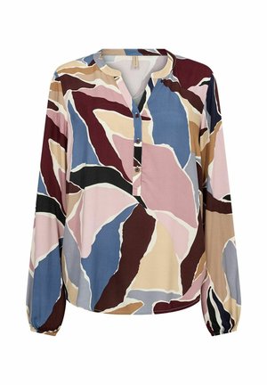 Long-sleeve blouse in multicolored abstract pattern with shades of burgundy, blue, mauve, and beige. Features a V-neckline and button placket.