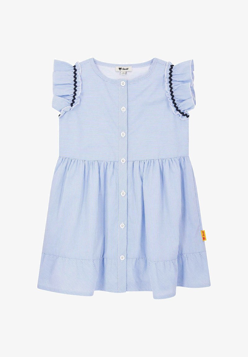 Gestreiftes Kleid in Blau und Weiß mit kurzen RüscheÄrmeln, Knopfverschluss vorne, gerafftem Rock und einem gelben Etikett am Saum.