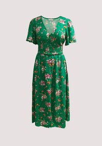 Grünes Blumenkleid mit kurzen Ärmeln, V-Ausschnitt und gerafftem Taillenbund. Es hat einen fließenden Rock, der mit rosa, gelben und weißen Blumen verziert ist.