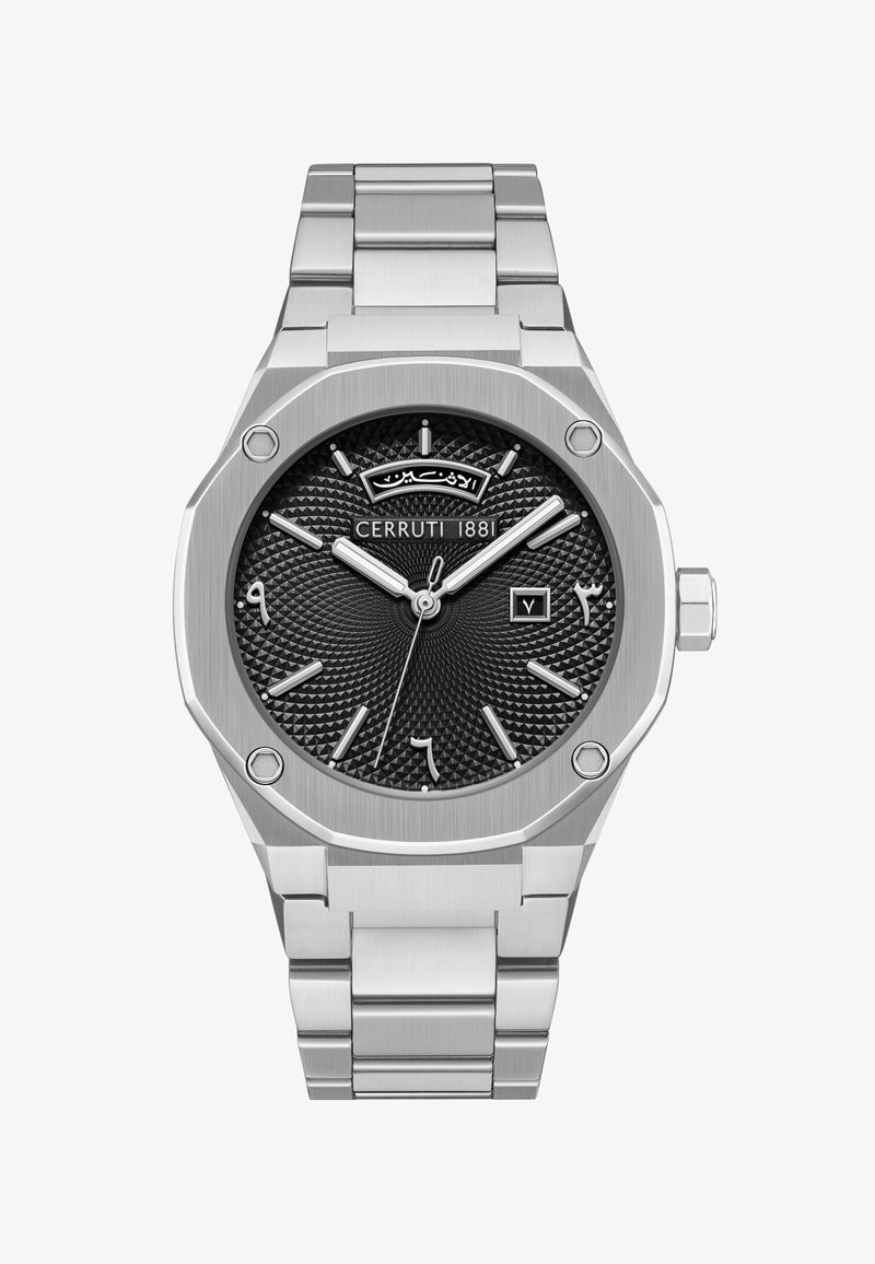 Reloj Cerruti 1881 con pulsera de acero inoxidable, caja octagonal, esfera negra texturizada, marcadores de hora plateados y una ventana de fecha.