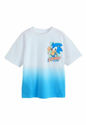 White and blue gradient short-sleeve T-shirt with Sonic the Hedgehog holding an ice cream cone and "Sonic" text on the chest.