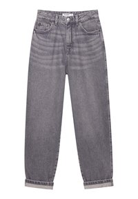 Högmidjade, ljusgrå denimjeans med avslappnad passform, uppvikt fåll, femfickorsdesign och subtila blekningsdetaljer på tyget.