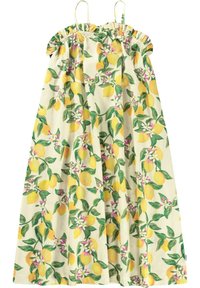 Abito floreale con motivo di limoni gialli e foglie verdi, caratterizzato da uno scollo arricciato, spalline sottili e un design ampio e fluente.