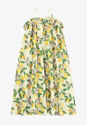 Vestido floral con un estampado de limones amarillos y hojas verdes, que presenta un escote fruncido, tirantes finos y un diseño suelto y fluido.