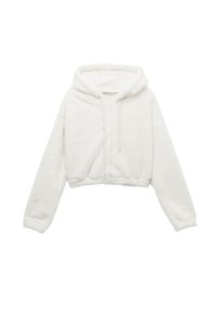 Sudadera corta blanca hecha de tejido suave, con cremallera frontal, capucha fija y mangas largas con puños elásticos.