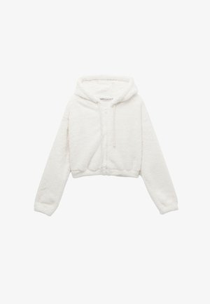 Hoodie court blanc en tissu peluche, avec une fermeture éclair à l'avant, une capuche attachée et des manches longues avec des poignets élastiques.