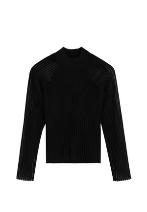 Top negro de manga larga con textura acanalada, mangas semitransparentes a rayas y un cuello alto, presenta un patrón de tejido geométrico en la parte delantera.