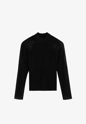 Top negro de manga larga con textura acanalada, mangas semitransparentes a rayas y un cuello alto, presenta un patrón de tejido geométrico en la parte delantera.