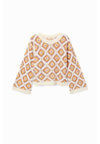 Pull crochet de longueur raccourcie. Présente un motif en diamants orange, violet et crème. Manches longues et encolure ronde.