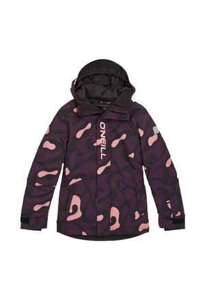 Giacca con motivo camouflage viola e nero, dotata di cappuccio, chiusura con zip e due tasche laterali. Presenta il marchio O'Neill in bianco.