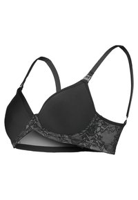Sutiã preto com copas almofadadas, rendas nas bordas e alças ajustáveis. Apresenta uma superfície suave com um padrão de renda floral nas laterais.