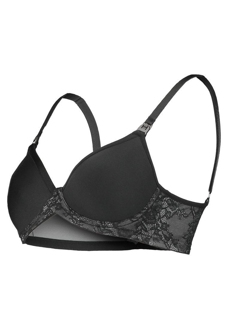 Sutiã preto com copas almofadadas, rendas nas bordas e alças ajustáveis. Apresenta uma superfície suave com um padrão de renda floral nas laterais.