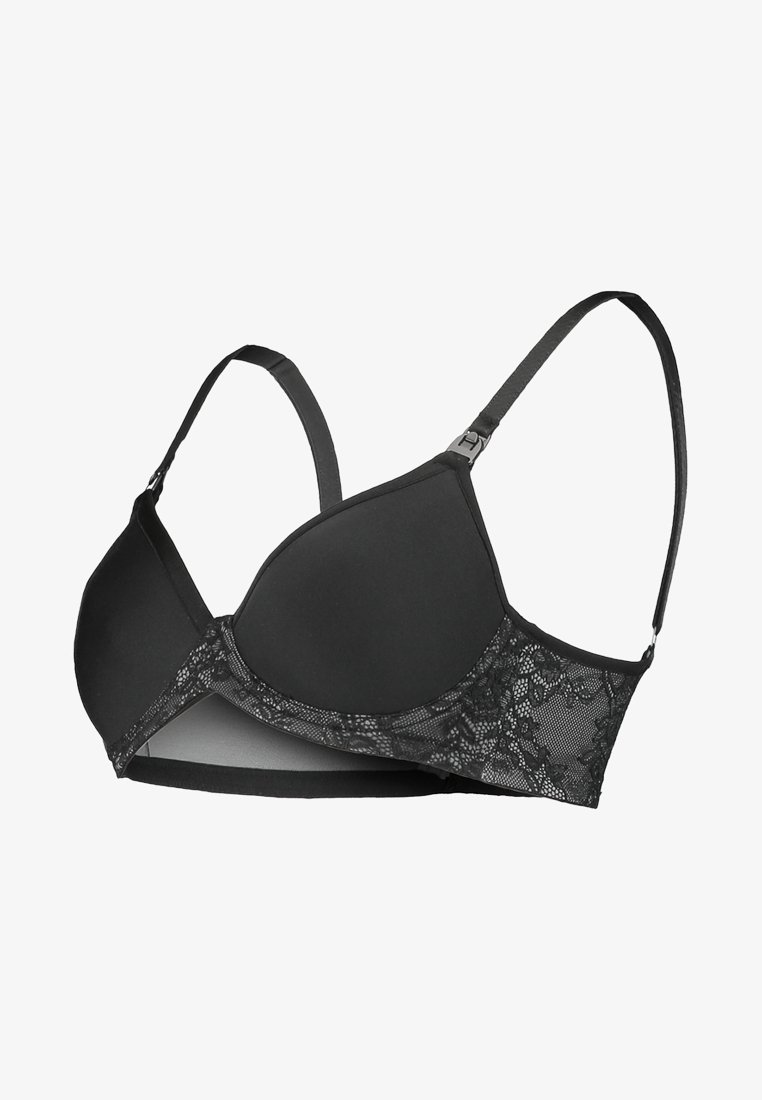 Sutiã preto com copas almofadadas, rendas nas bordas e alças ajustáveis. Apresenta uma superfície suave com um padrão de renda floral nas laterais.