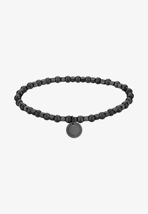 Bracelet noir en perles avec des perles lisses, rondes et facettées, orné d'une petite étiquette en métal circulaire embossée avec "LIEBESKIND".