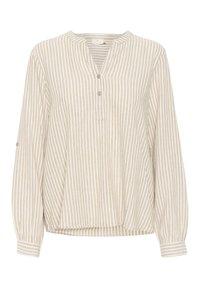 Blouse à rayures beige et crème, à manches longues, avec un col en V, trois boutons et des détails froncés à l'ourlet et aux manches. Texture de tissu douce.