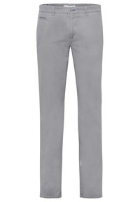 Pantaloni grigi chiari, slim-fit, realizzati in morbido tessuto di cotone. Presentano tasche frontali, una tasca per le monete e una chiusura con bottone.