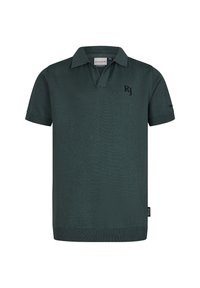 Ciemnozielona koszulka polo z prążkowaną teksturą, krótkimi rękawami, kołnierzykiem i haftowanym logo "RJ" na piersi. Prosty design.