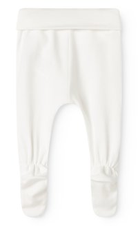 Leggings en coton blanc pour bébé, avec une taille douce et extensible et des poignets de cheville froncés. Texture lisse sans motifs visibles ni embellissements.