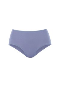 Slip bikini a vita alta in morbido tessuto lavanda con una texture liscia e un bordo in azzurro chiaro lungo la vita e le aperture delle gambe.