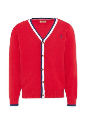 Cardigan rosso con bottoni, con rifiniture blu navy e bianche sul colletto, sulla linea dei bottoni e sui polsini, con un piccolo logo ricamato blu navy sul petto.