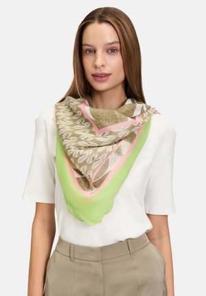 Leichte quadratische Schal in Olivgrün, Pink und Beige mit einem Blättermuster und kontrastierenden dreieckigen Rändern. Weiche Textur.