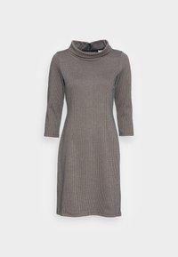 Šedé kostkované šaty s vysokým skládacím límcem, tříčtvrtečními rukávy, přiléhavým střihem a hladkou texturou. Obsahují zadní zip.