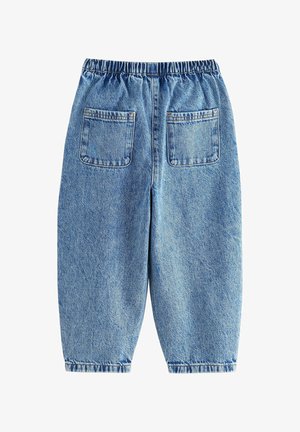 Denim broek met elastische tailleband, twee achterzakken, lichtblauwe kleur, relaxte fit en een licht taps toelopende pijpdesign.