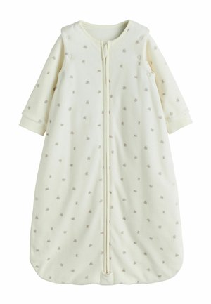 Cream-colored long-sleeve baby sleeping bag with small floral print, front zipper, and snap buttons on shoulders and sides.
