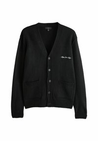 Zwarte gebreide cardigan met een V-hals, met vijf knopen, twee voorzakken en geborduurde tekst aan de linkerkant.