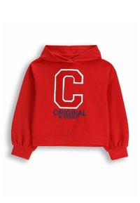 Czerwony skrócony hoodie z dużą białą literą "C" oraz niebieskim napisem "ORIGINAL BE YOURSELF." Posiada długie rękawy z marszczonymi mankietami. Wykonany z miękkiego materiału.