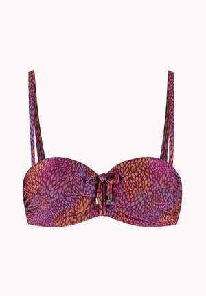 Paarse en gouden bikini top met patroon, verstelbare bandjes en een centrale sierstrik met metalen uiteinden.