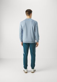 Felpa blu chiaro con maniche lunghe e collo rotondo. Pantaloni da jogging teal con pannelli laterali grigi chiari. Sneakers bianche con suole marroni.