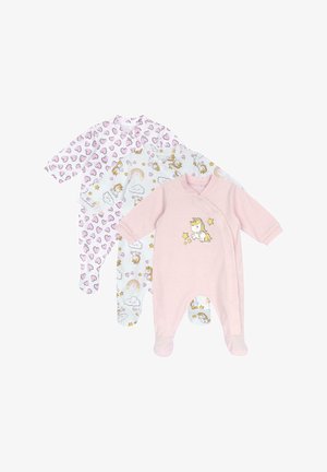 Tre babydragter: en lyserød med et enhjørning-grafik, en hvid med skyer, regnbuer og enhjørningtryk, og en lyserød med hjerte-mønstre.