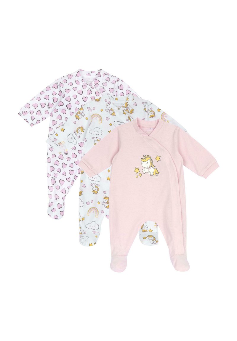 Tre baby onesies: en rosa med en grafisk enhörning, en vit med moln, regnbågar och enhörningar, samt en rosa med hjärt-mönster.