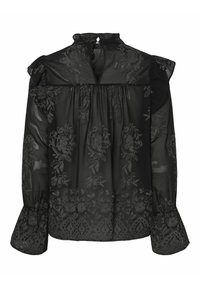 Blusa nera trasparente con ricami floreali, spalle a ruffle, collo alto e dettaglio a chiave sul retro; tessuto arricciato sul busto e sulle maniche.