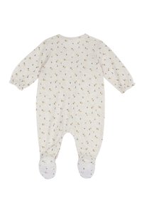 Body gris pour bébé avec des manches longues, présentant une texture douce et de petits motifs floraux, avec des pieds intégrés pour plus de chaleur.