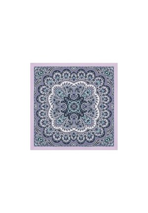 Purple patterned scarf featuring intricate paisley designs in shades of blue, white, and green, with decorative borders and a smooth texture.