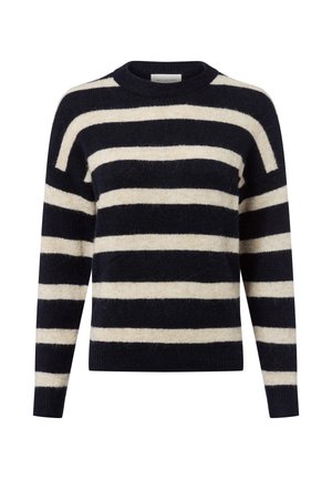 Gestreifter Pullover in Marineblau und Creme, aus weichem Material, mit Rundhals und langen Ä sleeves.
