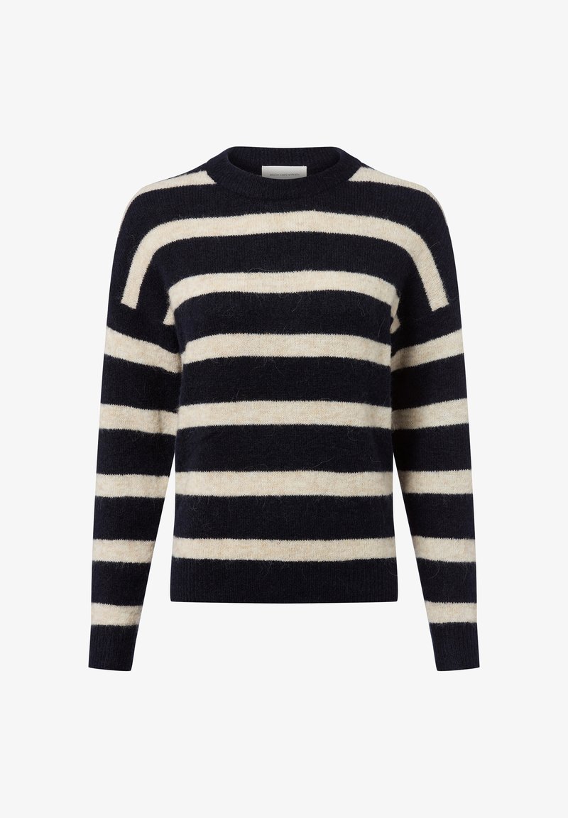 Gestreifter Pullover in Marineblau und Creme, aus weichem Material, mit Rundhals und langen Ä sleeves.