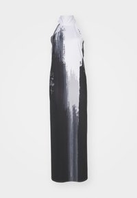 Zwart-witte mouwloze maxi-jurk van een gladde stof, met een hoge hals en een abstracte penseelstrekenpatroon in verschillende grijstinten.
