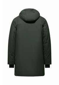 Cappotto lungo verde scuro con cappuccio, caratterizzato da una texture liscia, design della schiena senza cuciture e polsini a maglia alle estremità delle maniche.
