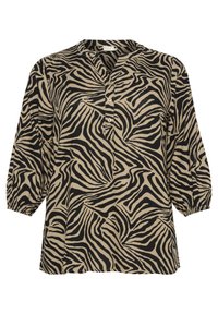 Hnedo-čierny top s ceditom zebra, s výstrihom do V a rukávmi do troch štvrtín. Obsahuje gombíkové akcenty a voľný strih. Vyrobené z ľahkej tkaniny.